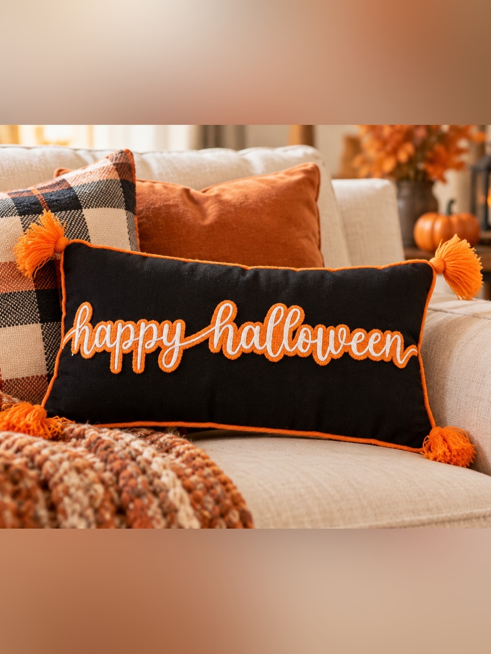 Happy Halloween Embroidered Lumbar Pillow - Black & Orange